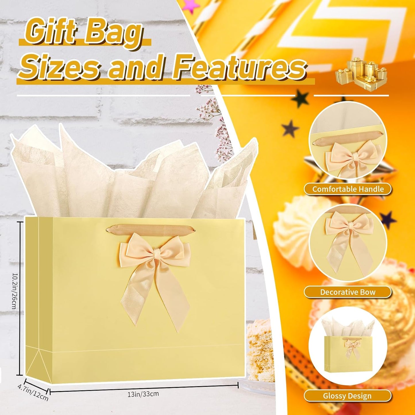 Birthday Gift Bag Set with Card, Tissue Paper & Bow (1 Pack, Gold) | 1 Large Paper Bag with Bow, Greeting Card & 2 Tissues, Sturdy Handles for Woman Birthdays, Valentines’s Day, Mother’s Day