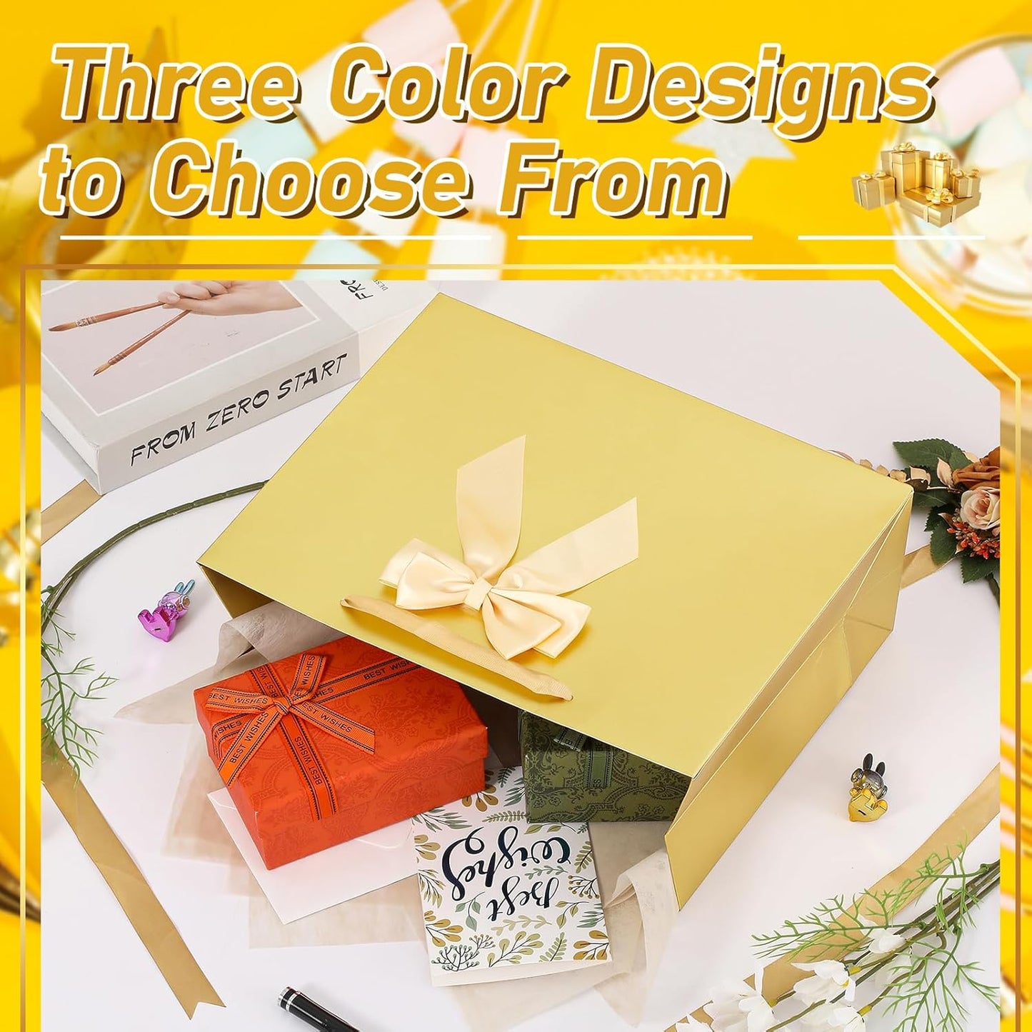Birthday Gift Bag Set with Card, Tissue Paper & Bow (1 Pack, Gold) | 1 Large Paper Bag with Bow, Greeting Card & 2 Tissues, Sturdy Handles for Woman Birthdays, Valentines’s Day, Mother’s Day