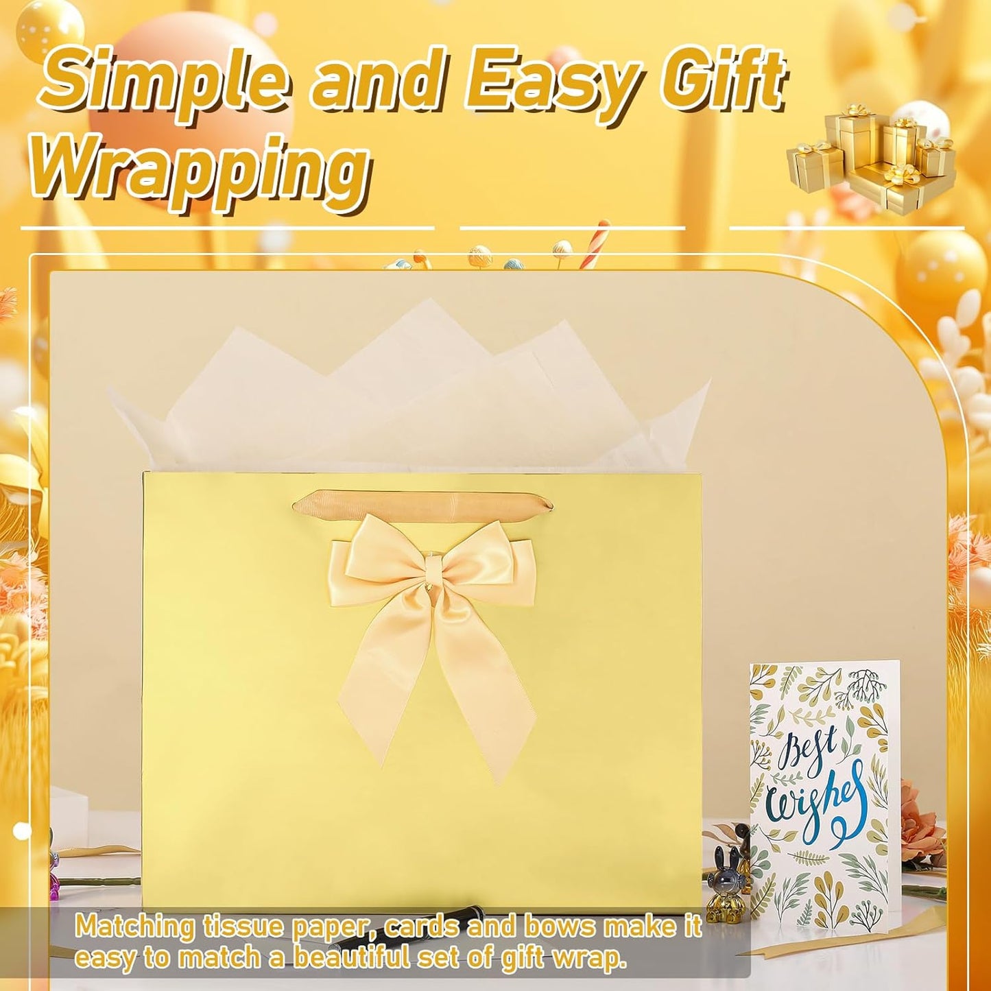Birthday Gift Bag Set with Card, Tissue Paper & Bow (1 Pack, Gold) | 1 Large Paper Bag with Bow, Greeting Card & 2 Tissues, Sturdy Handles for Woman Birthdays, Valentines’s Day, Mother’s Day