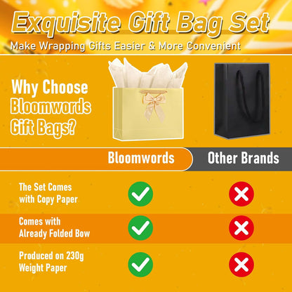 Birthday Gift Bag Set with Card, Tissue Paper & Bow (1 Pack, Gold) | 1 Large Paper Bag with Bow, Greeting Card & 2 Tissues, Sturdy Handles for Woman Birthdays, Valentines’s Day, Mother’s Day