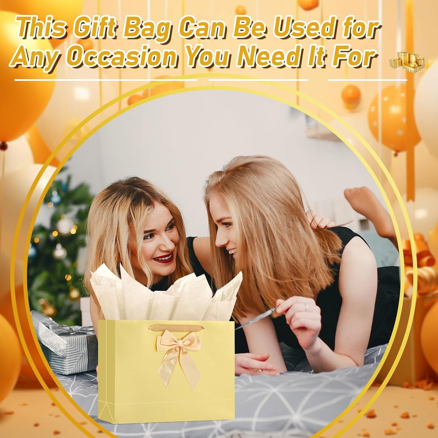 Birthday Gift Bag Set with Card, Tissue Paper & Bow (1 Pack, Gold) | 1 Large Paper Bag with Bow, Greeting Card & 2 Tissues, Sturdy Handles for Woman Birthdays, Valentines’s Day, Mother’s Day