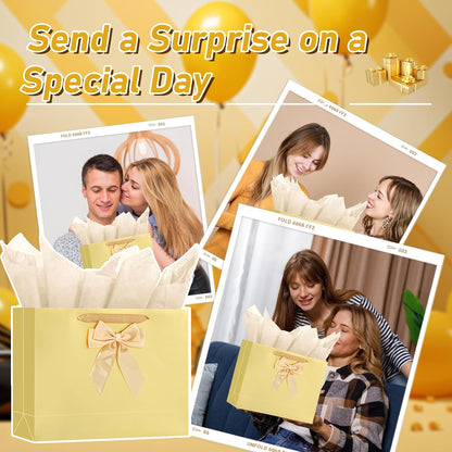 Birthday Gift Bag Set with Card, Tissue Paper & Bow (1 Pack, Gold) | 1 Large Paper Bag with Bow, Greeting Card & 2 Tissues, Sturdy Handles for Woman Birthdays, Valentines’s Day, Mother’s Day
