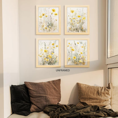 Summer Floral Wall Art Prints Set of 4, Summer Yellow Daisy Flower Wall Posters Decor for Farmhouse Home Living Room Porch Patio, Floral Poster Prints (8x10 Inches UNFRAMED)