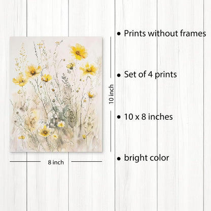 Summer Floral Wall Art Prints Set of 4, Summer Yellow Daisy Flower Wall Posters Decor for Farmhouse Home Living Room Porch Patio, Floral Poster Prints (8x10 Inches UNFRAMED)