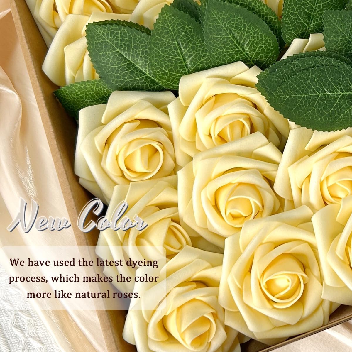 50pcs Artificial Flowers Light Yellow Foam Fake Rose with Stems 12 Leaves Real Looking Faux Roses Wedding Bouquets Bridal Shower Centerpieces Arrangements Party Tables Decorations DIY Creamy Yellow