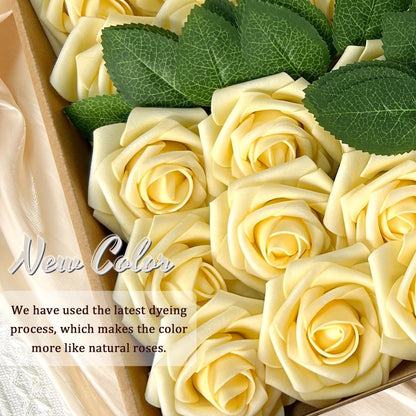 50pcs Artificial Flowers Light Yellow Foam Fake Rose with Stems 12 Leaves Real Looking Faux Roses Wedding Bouquets Bridal Shower Centerpieces Arrangements Party Tables Decorations DIY Creamy Yellow