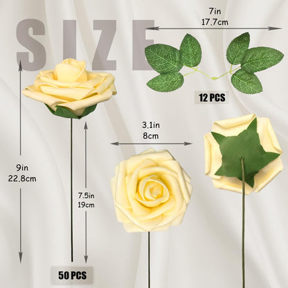 50pcs Artificial Flowers Light Yellow Foam Fake Rose with Stems 12 Leaves Real Looking Faux Roses Wedding Bouquets Bridal Shower Centerpieces Arrangements Party Tables Decorations DIY Creamy Yellow