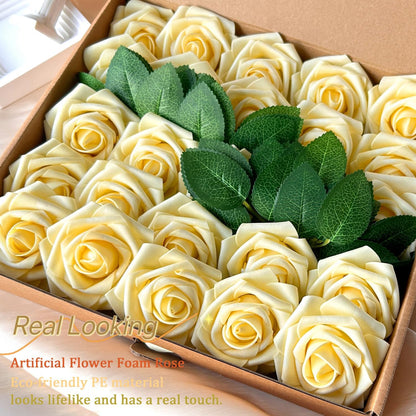 50pcs Artificial Flowers Light Yellow Foam Fake Rose with Stems 12 Leaves Real Looking Faux Roses Wedding Bouquets Bridal Shower Centerpieces Arrangements Party Tables Decorations DIY Creamy Yellow