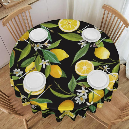 Lemon Fruits Floral Round Tablecloths 60 inch Fresh Lemon Black Table Cloths Vintage Lemons Circle Tablecloth for Party Juicy Fruit Blossom Table Cover for Dining Kitchen Patio Home Decor