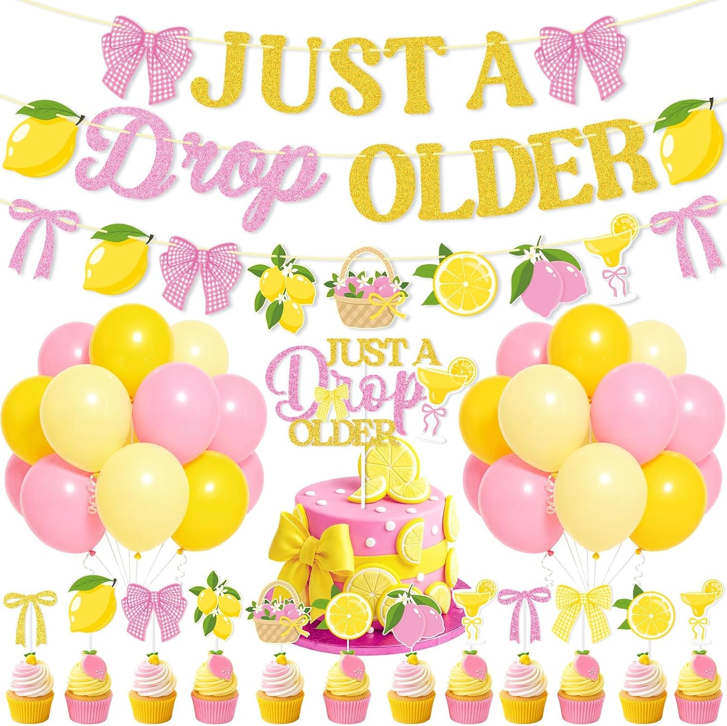 Lemon Party Decorations,Just a Drop Older Banner Yellow and Pink Lemonade Birthday Decorations Latex Balloons Bow Cake Topper for Women Birthday Bridal Shower MartiniParty Supplies