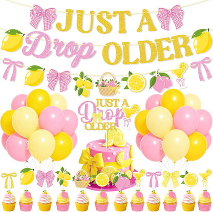Lemon Party Decorations,Just a Drop Older Banner Yellow and Pink Lemonade Birthday Decorations Latex Balloons Bow Cake Topper for Women Birthday Bridal Shower MartiniParty Supplies