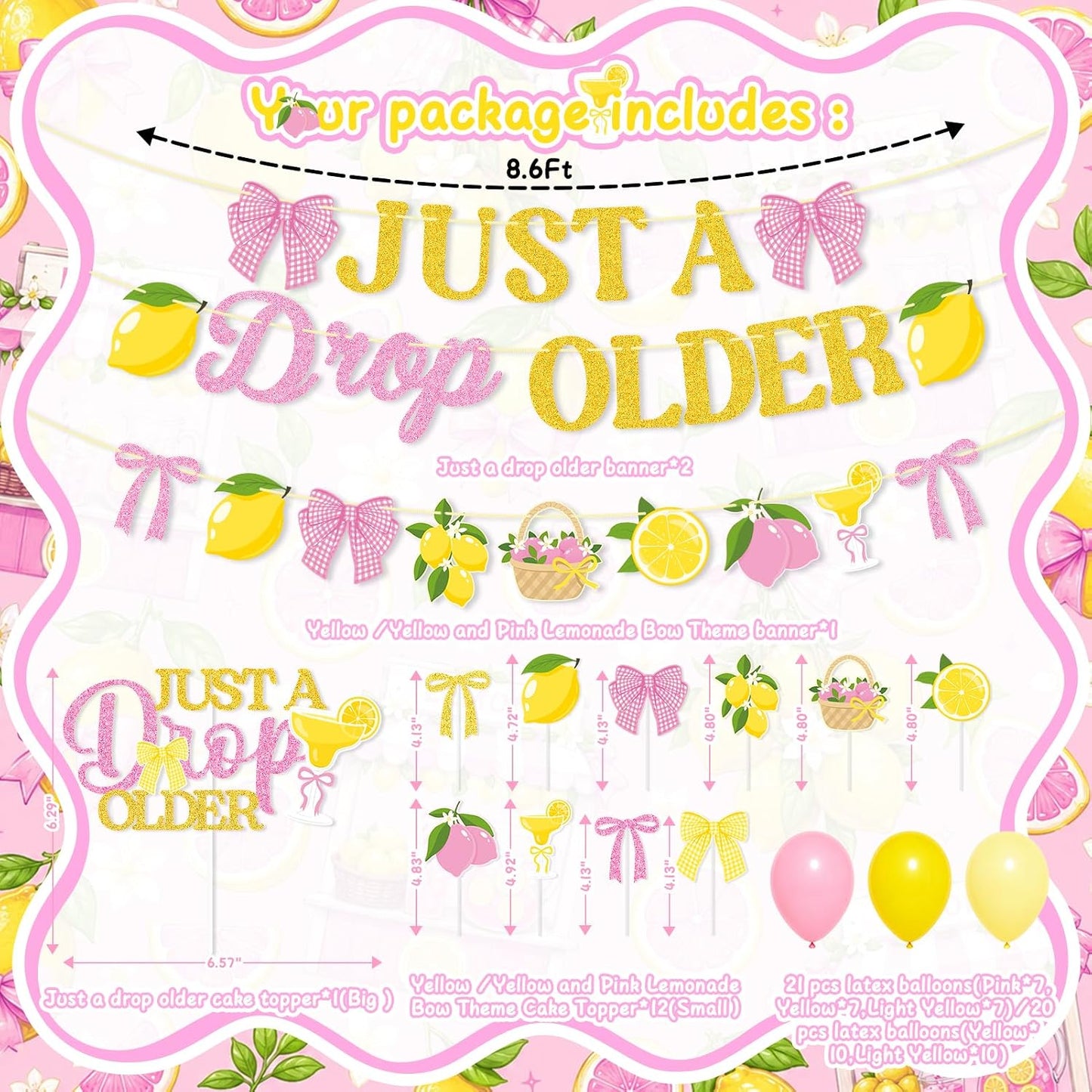 Lemon Party Decorations,Just a Drop Older Banner Yellow and Pink Lemonade Birthday Decorations Latex Balloons Bow Cake Topper for Women Birthday Bridal Shower MartiniParty Supplies
