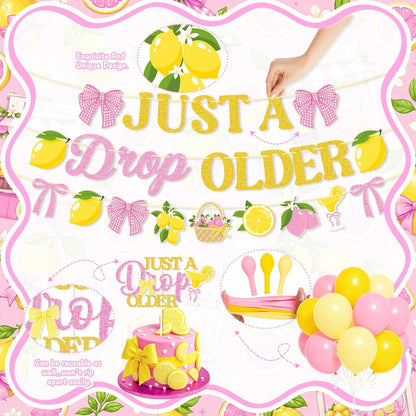 Lemon Party Decorations,Just a Drop Older Banner Yellow and Pink Lemonade Birthday Decorations Latex Balloons Bow Cake Topper for Women Birthday Bridal Shower MartiniParty Supplies