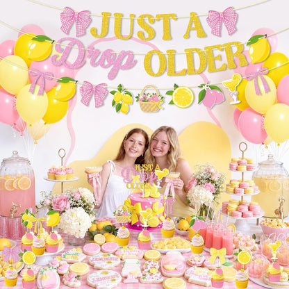 Lemon Party Decorations,Just a Drop Older Banner Yellow and Pink Lemonade Birthday Decorations Latex Balloons Bow Cake Topper for Women Birthday Bridal Shower MartiniParty Supplies