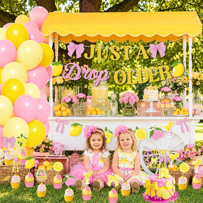 Lemon Party Decorations,Just a Drop Older Banner Yellow and Pink Lemonade Birthday Decorations Latex Balloons Bow Cake Topper for Women Birthday Bridal Shower MartiniParty Supplies