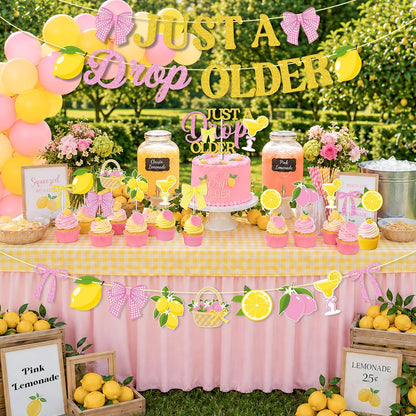 Lemon Party Decorations,Just a Drop Older Banner Yellow and Pink Lemonade Birthday Decorations Latex Balloons Bow Cake Topper for Women Birthday Bridal Shower MartiniParty Supplies