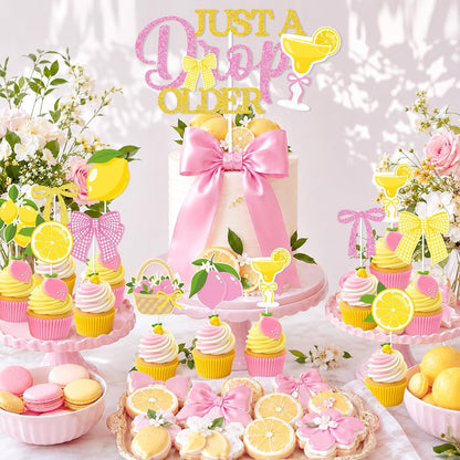 Lemon Party Decorations,Just a Drop Older Banner Yellow and Pink Lemonade Birthday Decorations Latex Balloons Bow Cake Topper for Women Birthday Bridal Shower MartiniParty Supplies