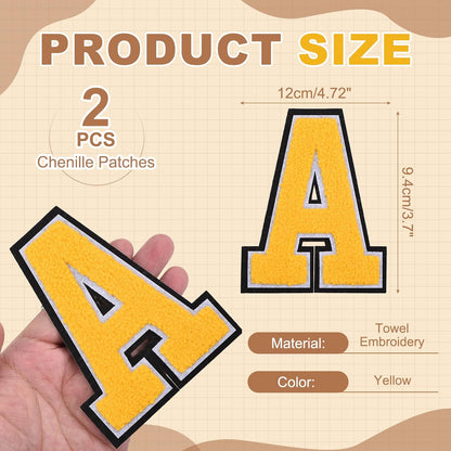 2 Pcs Chenille Letter Patches, 4.7" Sew on Letter A Iron on Patches Large Alphabet Embroidered Appliques for Clothes Bags Hats DIY Craft Supplies, Yellow
