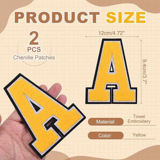 2 Pcs Chenille Letter Patches, 4.7" Sew on Letter A Iron on Patches Large Alphabet Embroidered Appliques for Clothes Bags Hats DIY Craft Supplies, Yellow