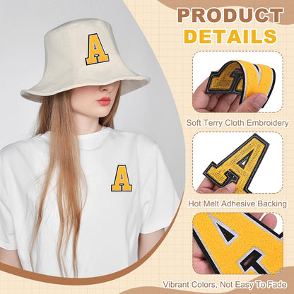 2 Pcs Chenille Letter Patches, 4.7" Sew on Letter A Iron on Patches Large Alphabet Embroidered Appliques for Clothes Bags Hats DIY Craft Supplies, Yellow