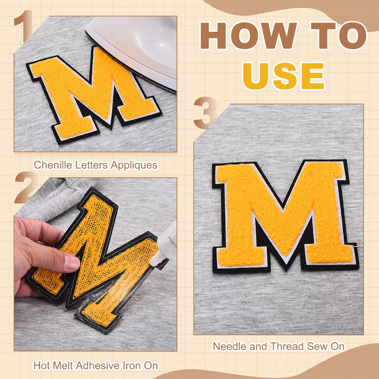 2 Pcs Chenille Letter Patches, 4.7" Sew on Letter A Iron on Patches Large Alphabet Embroidered Appliques for Clothes Bags Hats DIY Craft Supplies, Yellow