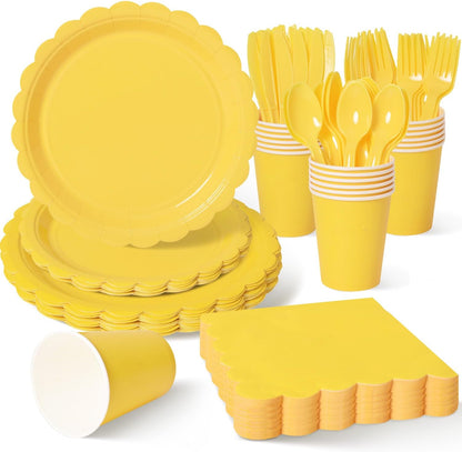 Vyntra 350 Pcs Yellow Disposable Paper Plates and Napkins Set for 50, 9" Dinner Plates & 7" Dessert Plates, Tableware for Birthday, Baby Shower, Picnic, Party