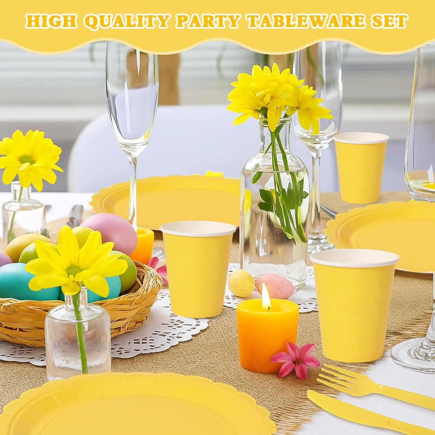 Vyntra 350 Pcs Yellow Disposable Paper Plates and Napkins Set for 50, 9" Dinner Plates & 7" Dessert Plates, Tableware for Birthday, Baby Shower, Picnic, Party