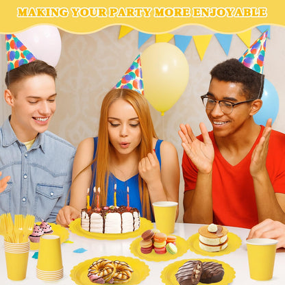 Vyntra 350 Pcs Yellow Disposable Paper Plates and Napkins Set for 50, 9" Dinner Plates & 7" Dessert Plates, Tableware for Birthday, Baby Shower, Picnic, Party