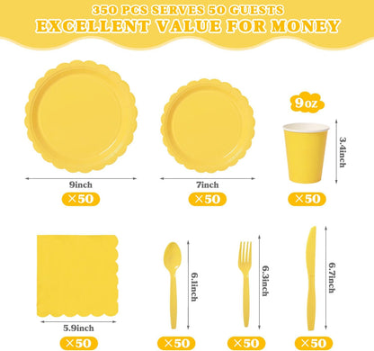 Vyntra 350 Pcs Yellow Disposable Paper Plates and Napkins Set for 50, 9" Dinner Plates & 7" Dessert Plates, Tableware for Birthday, Baby Shower, Picnic, Party