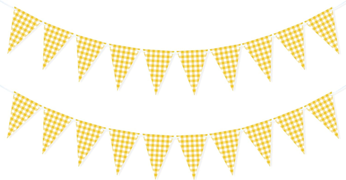 Yellow Gingham Banner for Picnic, BBQ Party Decorations | Yellow and White Checkered Garland Bunting Flags, Lemon Decorations, Yellow Party Decorations for Birthday, Baby Shower