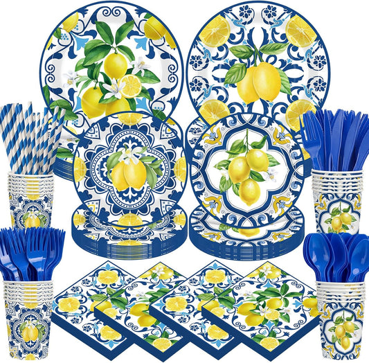 450 Pcs Capri Lemon Party Tableware Set Decorations Mediterranean Blue and Yellow Paper Plates Napkins Cups Cutlery Straws for Summer Birthday Wedding Baby Bridal Shower Supplies, Serves 50