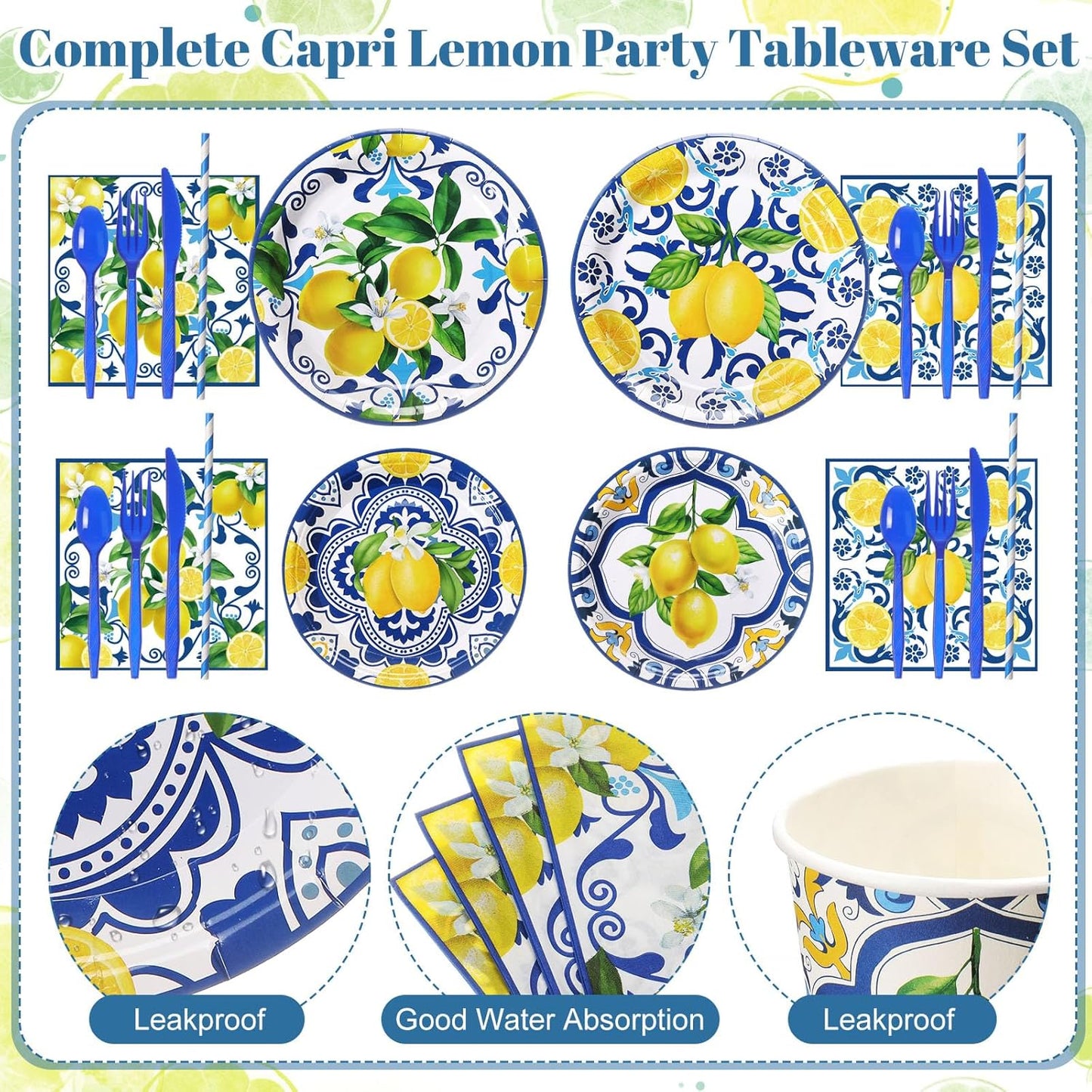 450 Pcs Capri Lemon Party Tableware Set Decorations Mediterranean Blue and Yellow Paper Plates Napkins Cups Cutlery Straws for Summer Birthday Wedding Baby Bridal Shower Supplies, Serves 50