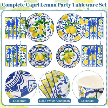450 Pcs Capri Lemon Party Tableware Set Decorations Mediterranean Blue and Yellow Paper Plates Napkins Cups Cutlery Straws for Summer Birthday Wedding Baby Bridal Shower Supplies, Serves 50