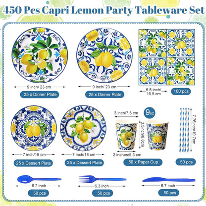 450 Pcs Capri Lemon Party Tableware Set Decorations Mediterranean Blue and Yellow Paper Plates Napkins Cups Cutlery Straws for Summer Birthday Wedding Baby Bridal Shower Supplies, Serves 50