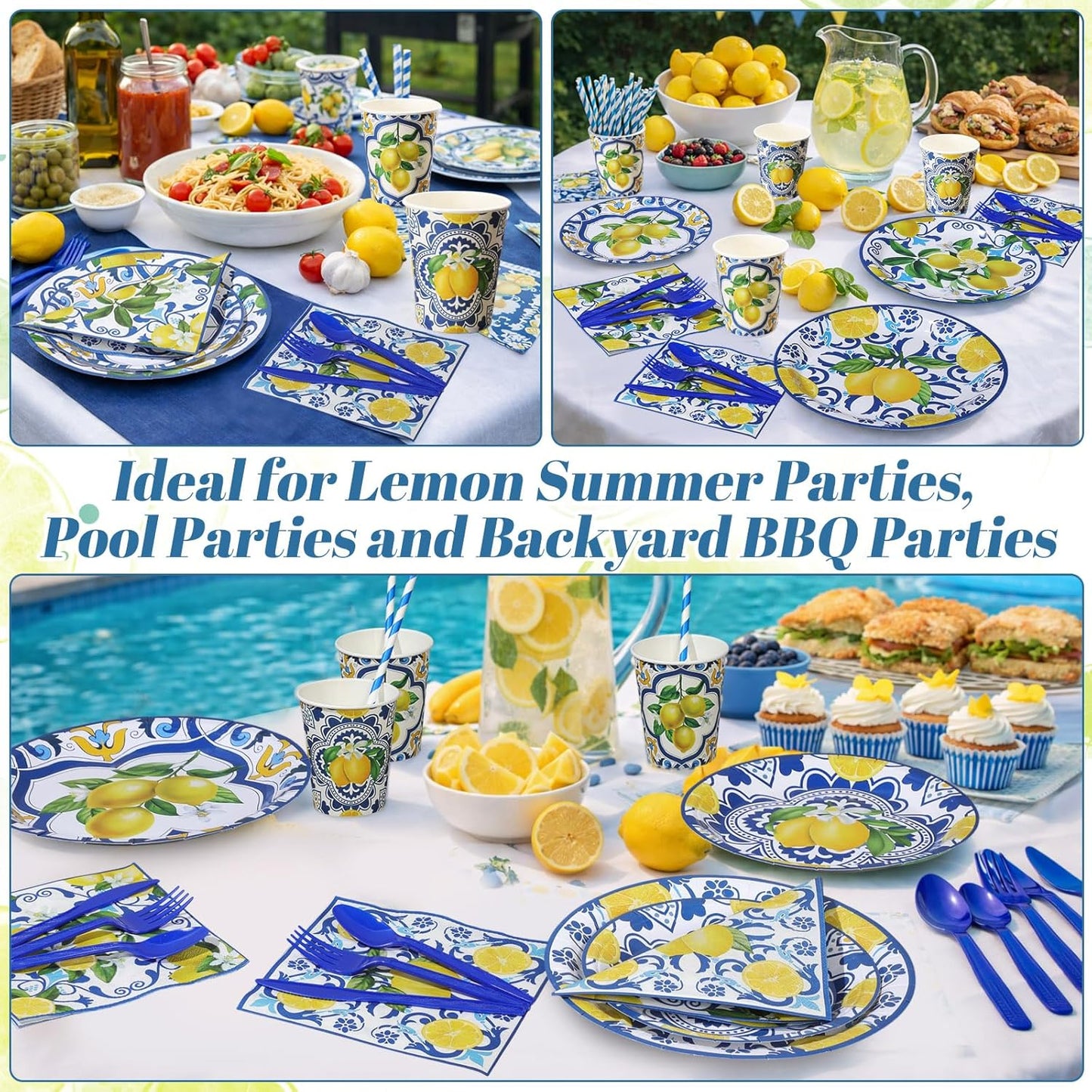 450 Pcs Capri Lemon Party Tableware Set Decorations Mediterranean Blue and Yellow Paper Plates Napkins Cups Cutlery Straws for Summer Birthday Wedding Baby Bridal Shower Supplies, Serves 50