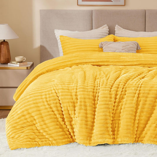 Fleece Queen Comforter Set -Super Soft & Warm Fluffy Bright Yellow Bedding, Luxury Fuzzy Heavy Bed Set for All Season with 2 Pillow Cases