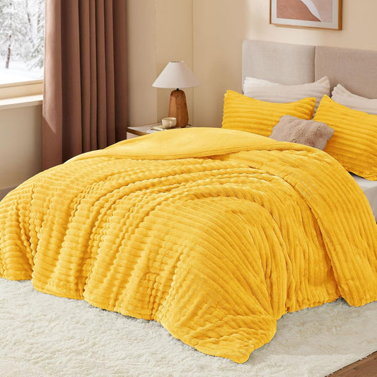 Fleece Queen Comforter Set -Super Soft & Warm Fluffy Bright Yellow Bedding, Luxury Fuzzy Heavy Bed Set for All Season with 2 Pillow Cases