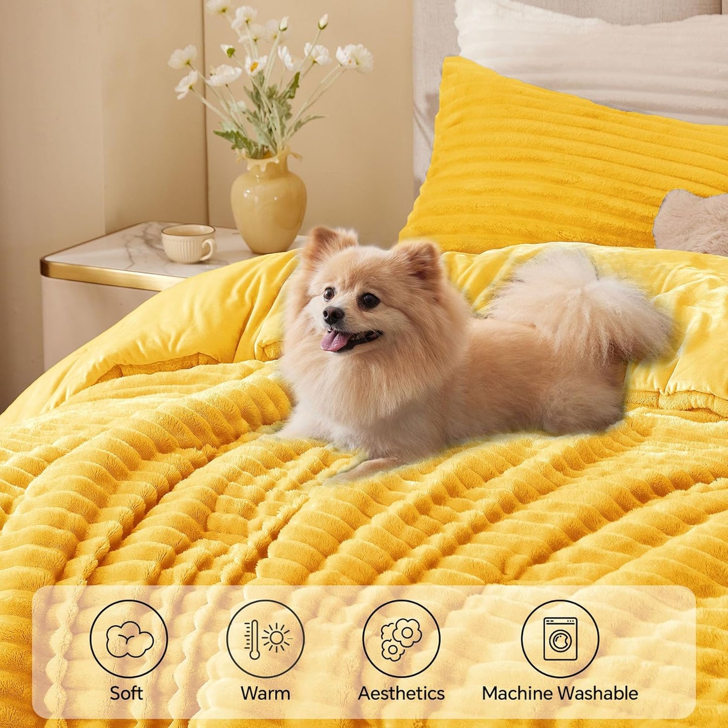 Fleece Queen Comforter Set -Super Soft & Warm Fluffy Bright Yellow Bedding, Luxury Fuzzy Heavy Bed Set for All Season with 2 Pillow Cases