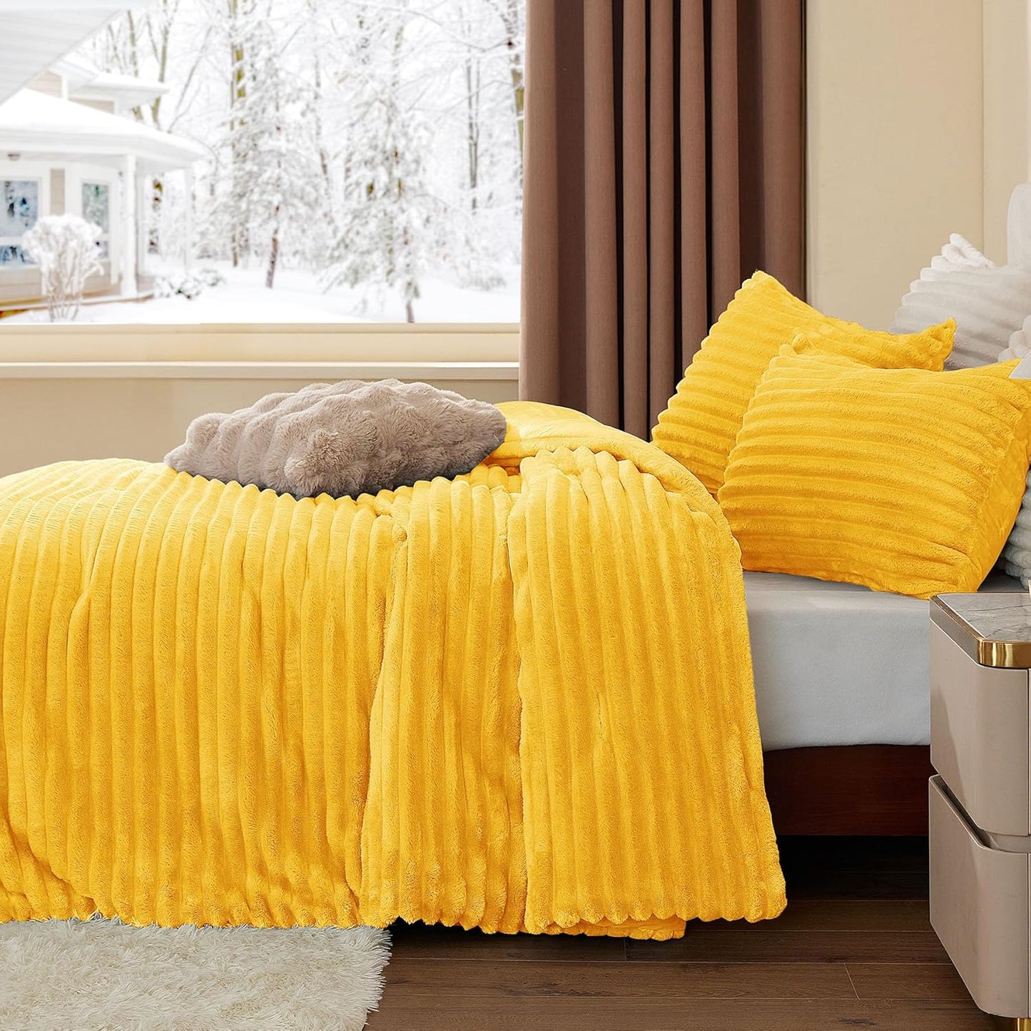 Fleece Queen Comforter Set -Super Soft & Warm Fluffy Bright Yellow Bedding, Luxury Fuzzy Heavy Bed Set for All Season with 2 Pillow Cases
