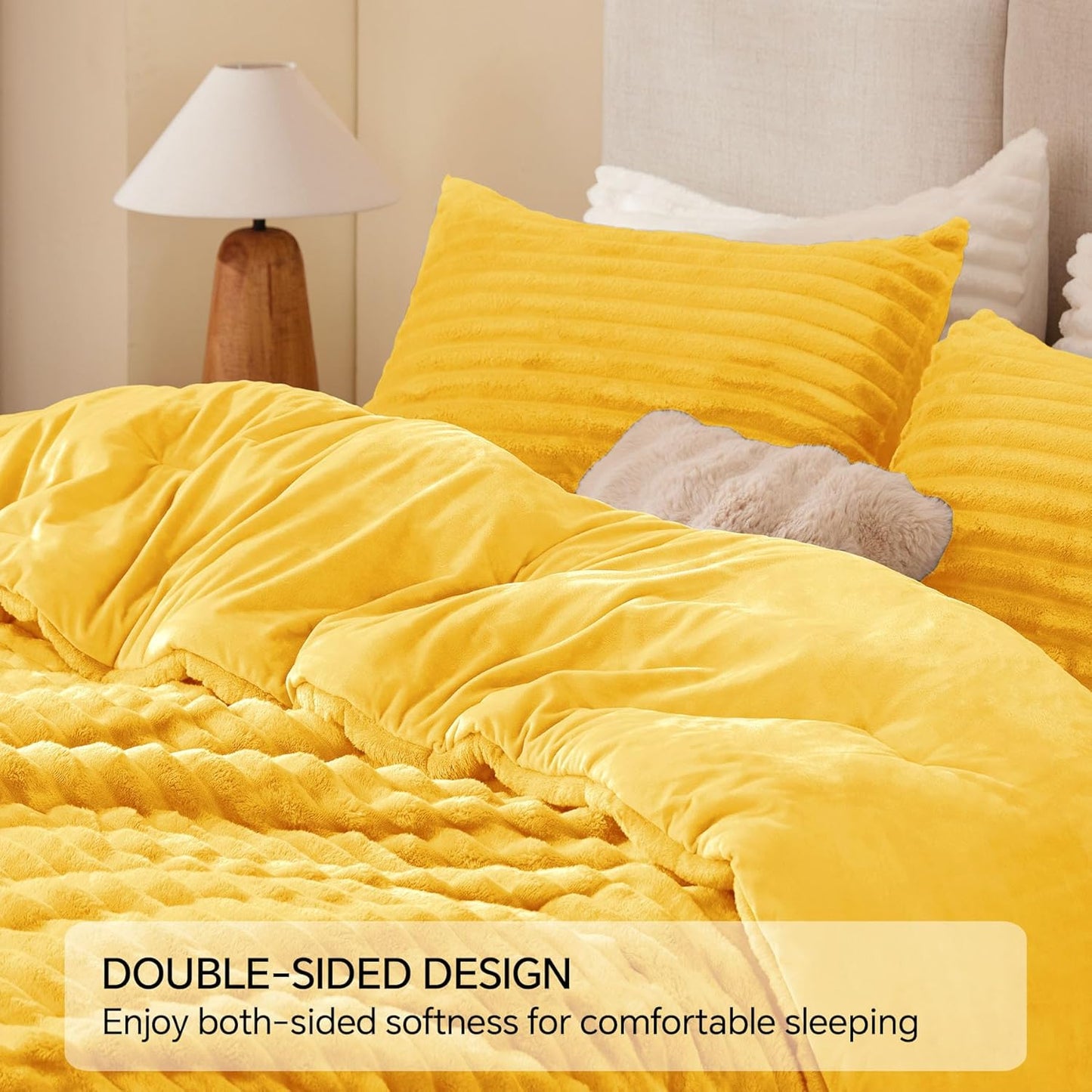 Fleece Queen Comforter Set -Super Soft & Warm Fluffy Bright Yellow Bedding, Luxury Fuzzy Heavy Bed Set for All Season with 2 Pillow Cases