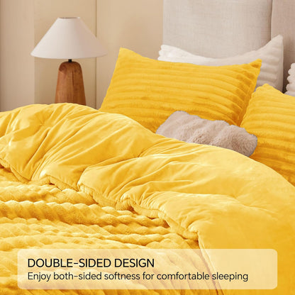 Fleece Queen Comforter Set -Super Soft & Warm Fluffy Bright Yellow Bedding, Luxury Fuzzy Heavy Bed Set for All Season with 2 Pillow Cases