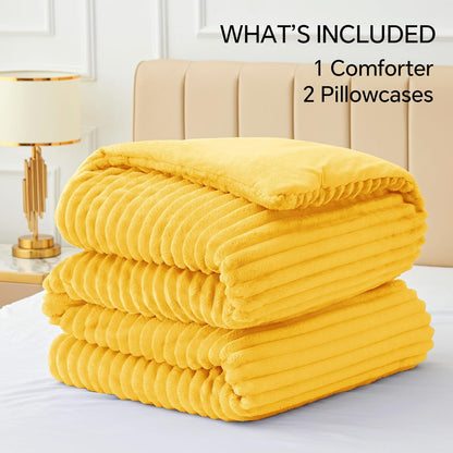 Fleece Queen Comforter Set -Super Soft & Warm Fluffy Bright Yellow Bedding, Luxury Fuzzy Heavy Bed Set for All Season with 2 Pillow Cases