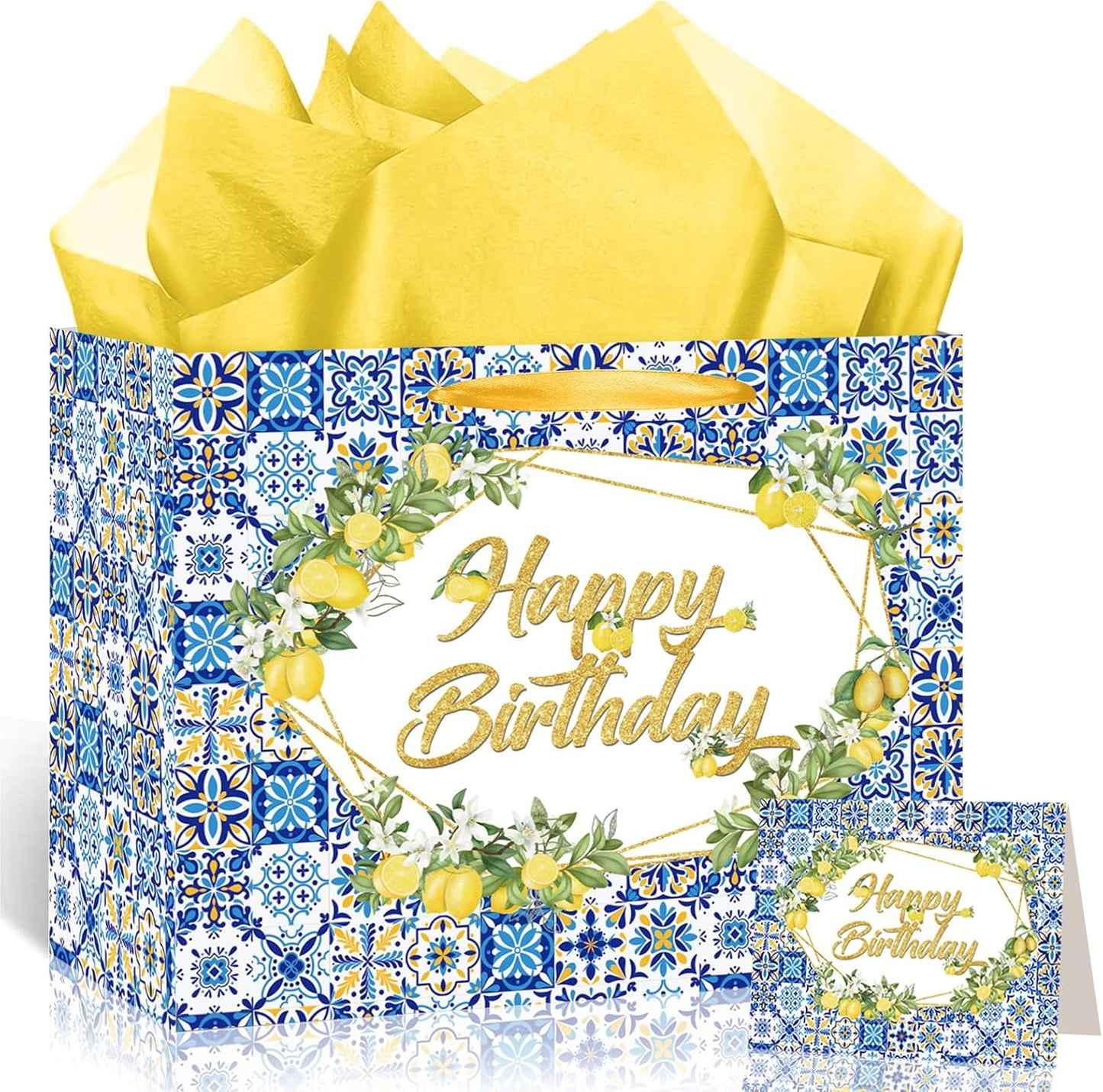 Capri Lemon Birthday Gift Bags Blue Tiles Gift Wrap Bag with Tissue Paper and Greeting Card Yellow Lemon Happy Birthday Wrapping Paper with Handle for Summer Lemon Bday Party Supplies Decorations