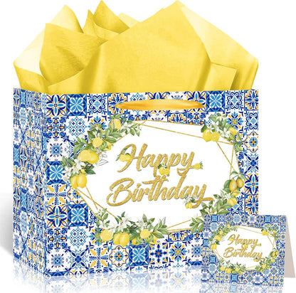 Capri Lemon Birthday Gift Bags Blue Tiles Gift Wrap Bag with Tissue Paper and Greeting Card Yellow Lemon Happy Birthday Wrapping Paper with Handle for Summer Lemon Bday Party Supplies Decorations
