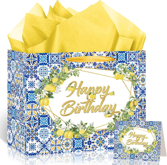 Capri Lemon Birthday Gift Bags Blue Tiles Gift Wrap Bag with Tissue Paper and Greeting Card Yellow Lemon Happy Birthday Wrapping Paper with Handle for Summer Lemon Bday Party Supplies Decorations