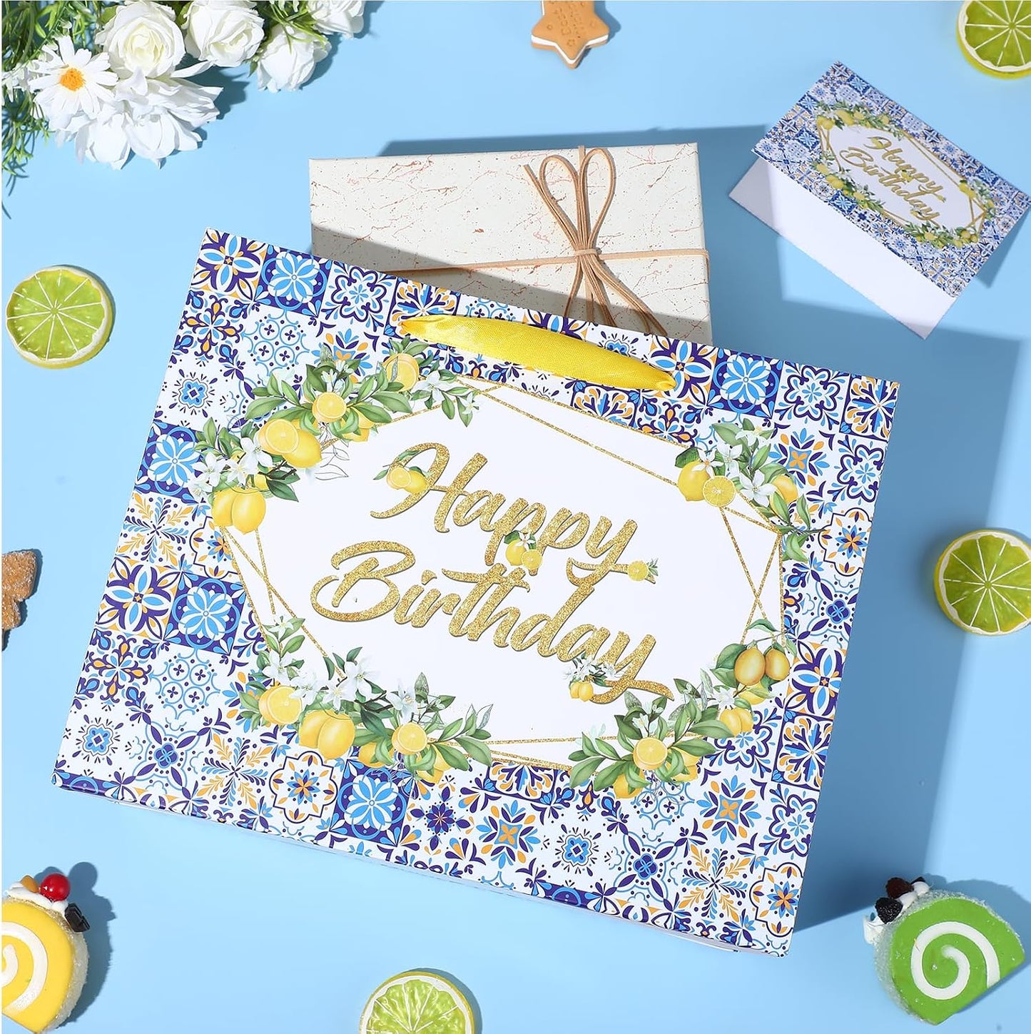 Capri Lemon Birthday Gift Bags Blue Tiles Gift Wrap Bag with Tissue Paper and Greeting Card Yellow Lemon Happy Birthday Wrapping Paper with Handle for Summer Lemon Bday Party Supplies Decorations