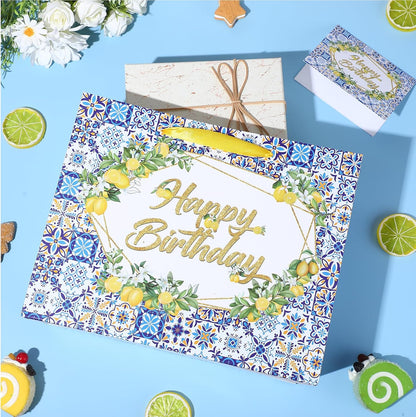 Capri Lemon Birthday Gift Bags Blue Tiles Gift Wrap Bag with Tissue Paper and Greeting Card Yellow Lemon Happy Birthday Wrapping Paper with Handle for Summer Lemon Bday Party Supplies Decorations