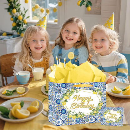 Capri Lemon Birthday Gift Bags Blue Tiles Gift Wrap Bag with Tissue Paper and Greeting Card Yellow Lemon Happy Birthday Wrapping Paper with Handle for Summer Lemon Bday Party Supplies Decorations
