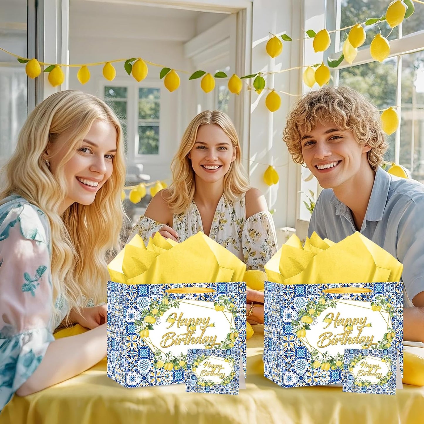 Capri Lemon Birthday Gift Bags Blue Tiles Gift Wrap Bag with Tissue Paper and Greeting Card Yellow Lemon Happy Birthday Wrapping Paper with Handle for Summer Lemon Bday Party Supplies Decorations