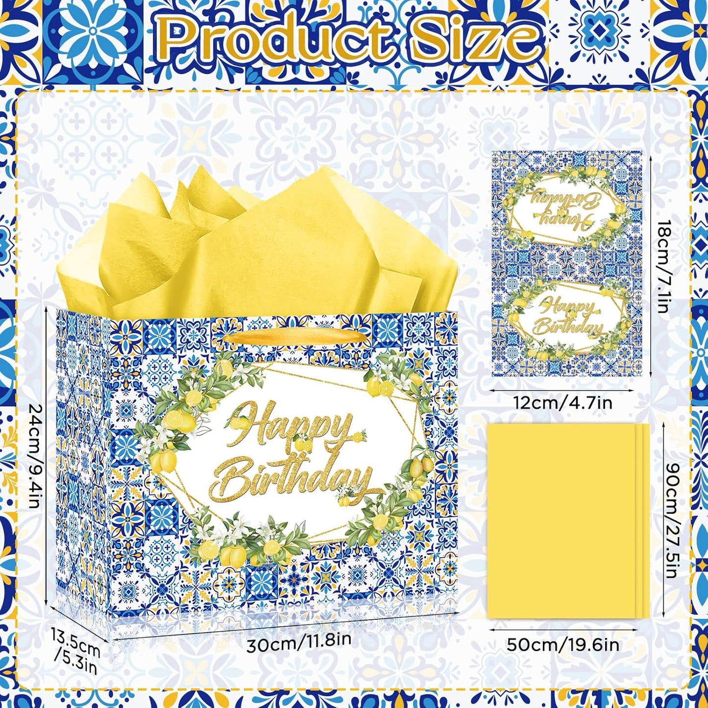Capri Lemon Birthday Gift Bags Blue Tiles Gift Wrap Bag with Tissue Paper and Greeting Card Yellow Lemon Happy Birthday Wrapping Paper with Handle for Summer Lemon Bday Party Supplies Decorations